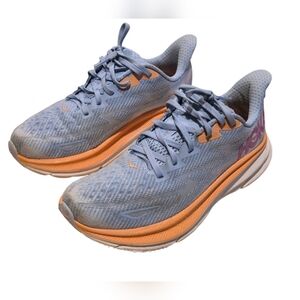Hoka Clifton 9 Women's Athletic Shoes in Blue and Orange